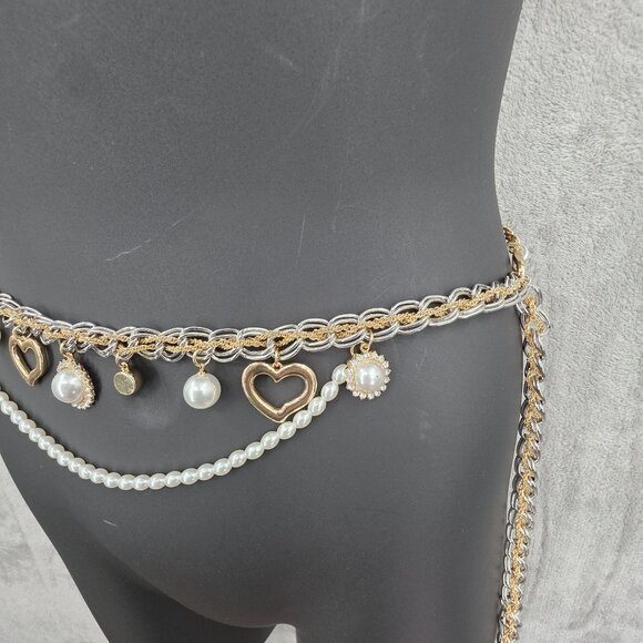 Lovers & Friends Jane Chain Belt Gold Silver Pearls Hearts Adjustable Bling New - Picture 5 of 13